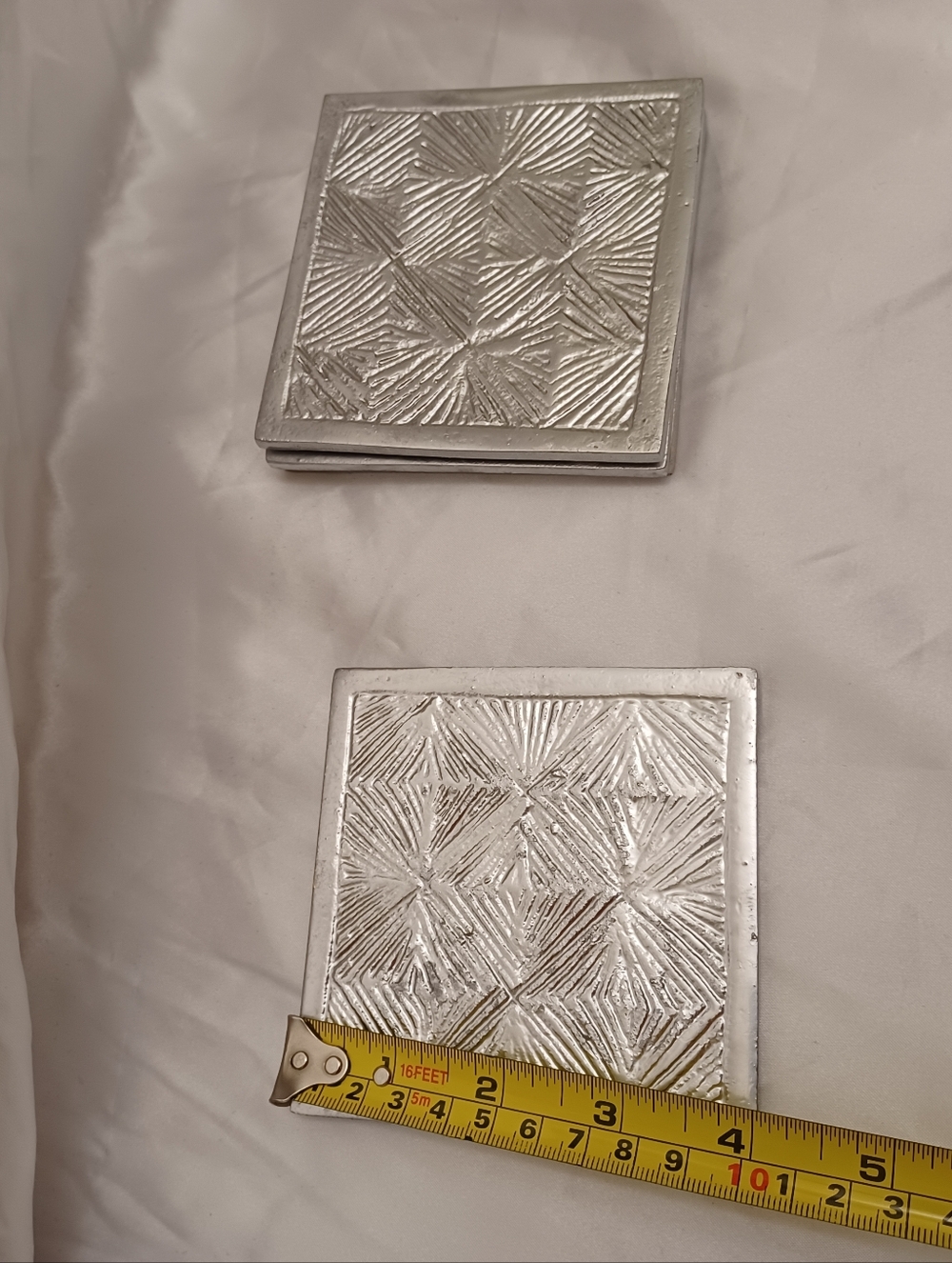 Silver Textured Square Coasters - Set of 4  MID CENTURY MODERN Geometric Pattern